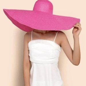 oversized wide brim straw hat hot pink